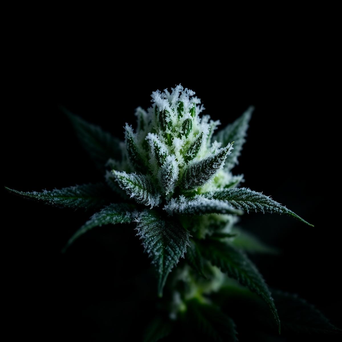 Macro shot of frosted trichomes on a CBD flower